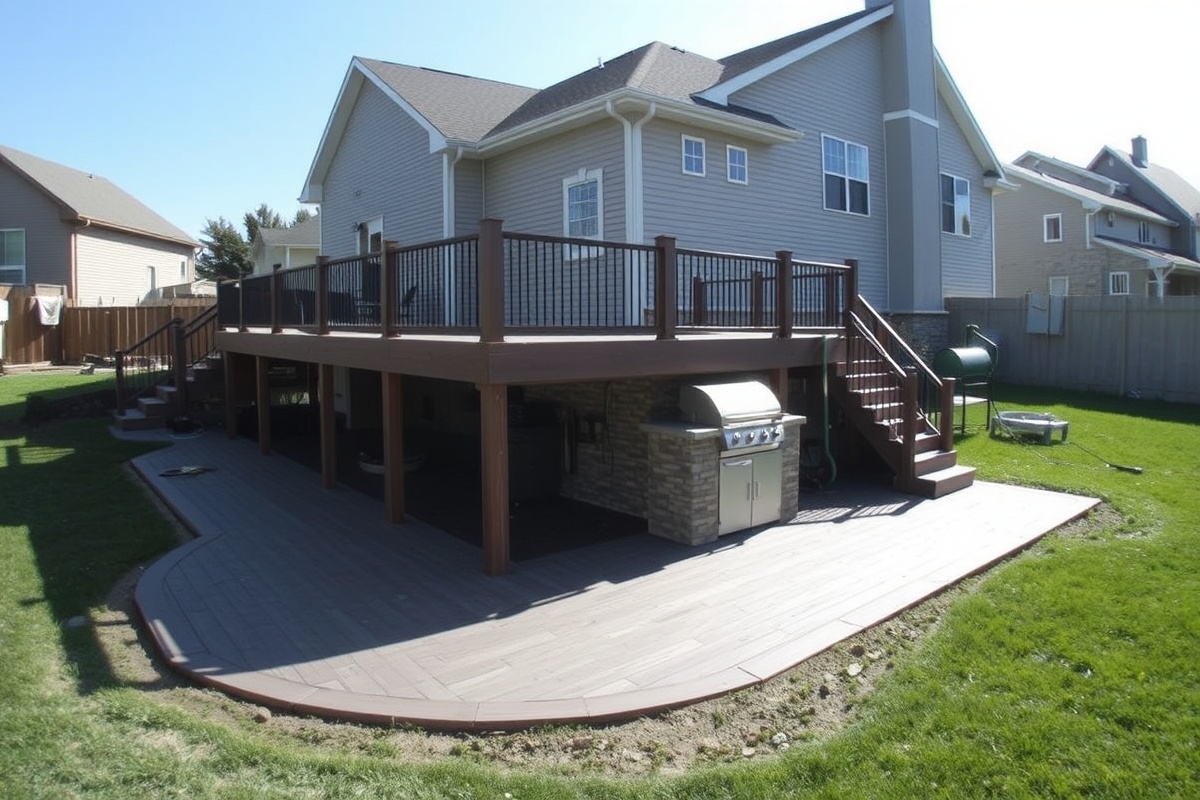 composite decking over basement walkout and builtin grill